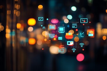 Abstract Digital Cityscape with Bokeh Lights and Ecommerce Icons