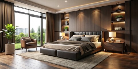 In this bedroom, rich brown walls harmonize with sleek black furniture, crafting a sophisticated and inviting space