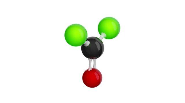 The video shows the 3d model of the phosgene molecule (CCl2O). Phosgene is a colorless nonflammable gas that has the odor of freshly cut hay. Acute toxic. 3d rendering. white background