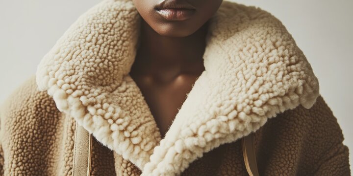 Close up of a woman's collar in a fluffy jacket.