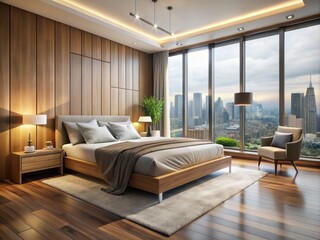 Fototapeta premium In this harmonious retreat, rich wood accents and floor-to-ceiling windows overlooking the city create a sense of calm,
