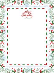 Blank greeting letter Merry Christmas and Happy New Year decorated with winter plants and snowflakes. Vector illustration