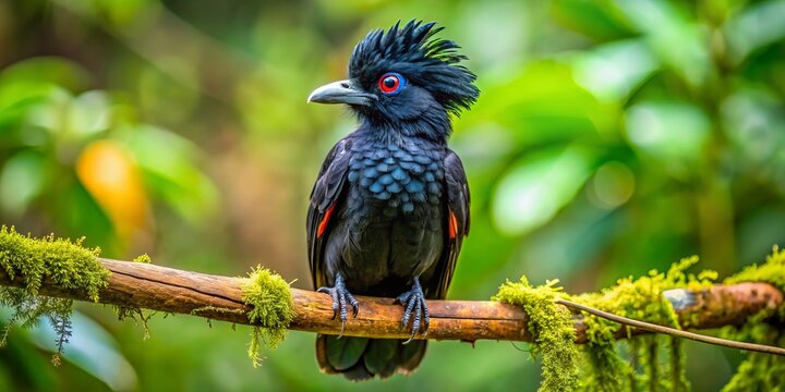 Vibrant plumage of an umbrellabird catches the eye as it perches on a lush rainforest branch, its colors