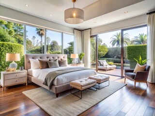 Fototapeta premium In this modern Los Angeles dwelling, the bedroom is a serene oasis with sophisticated decor and an abundance