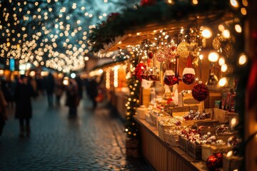 A festive market scene illuminated by twinkling lights, showcasing beautifully decorated stalls filled with holiday delights.