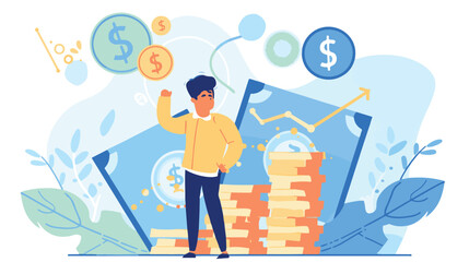 Financial growth concept. Young businessman earn more profit, make money from cryptocurrency