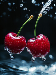 Juicy cherries splashing into water, showcasing freshness and vibrant red color against a clean background