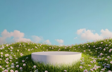 3D display podium background. Natural green grass and flowers. Nature blue sky minimal pedestal, beauty, cosmetic product presentation. Spring, summer landscape banner template 3d render.