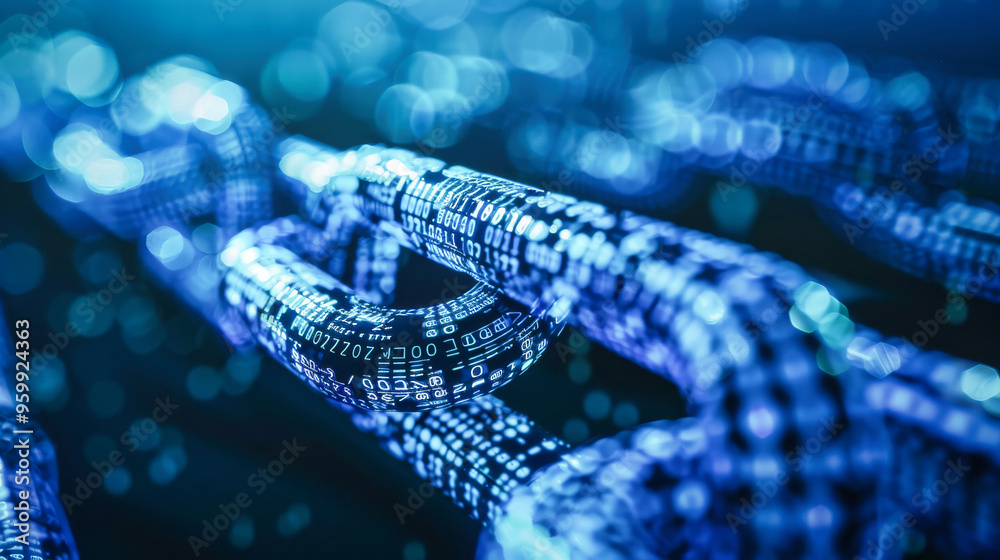 Poster digital blue chain with binary code on a dark background