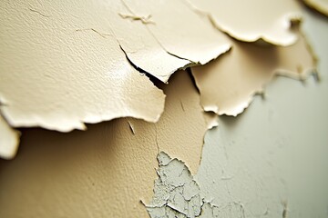 Naklejka premium Close-up of peeling paint on a wall, showcasing texture and color contrast. Ideal for home renovation and repair projects.
