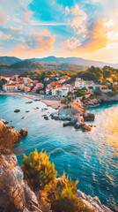 Fototapeta premium A beautiful view of a coast with a small village on the cliff