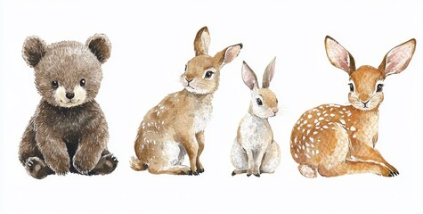 The baby animals of the forest are rendered in watercolors. You can see a raccoon, a deer, a hare, a squirrel, flowers and mushrooms. Summer woodland, a nature scene, a valley. Wildlife creatures.