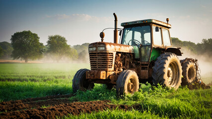 Fototapeta premium An old rusty tractor on a green field