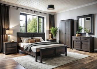 Fototapeta premium In this serene setting, simple yet elegant black-stained ash wood bedroom furniture pieces take center stage, exuding