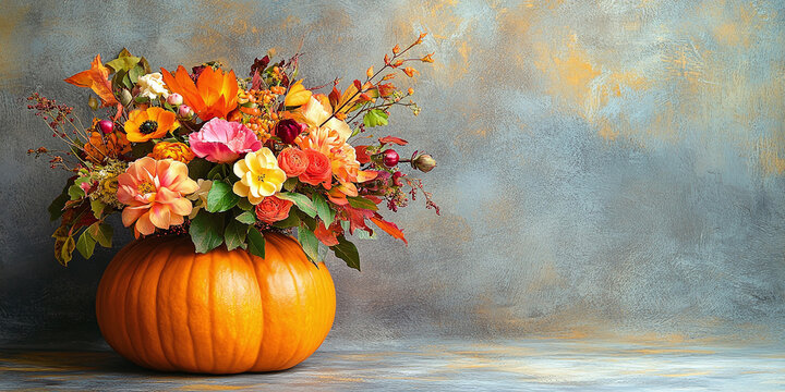Seasonal fall decoration with pumpkin vase and flower arrangement suitable for fall holidays such as Thanksgiving and Halloween.