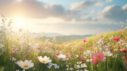 Obraz premium Painting a bright and vibrant wildflower meadow during sunset, showcasing colorful blooms under a clear sky, perfect for nature lovers.