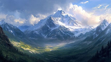 Painting a breathtaking mountain landscape with snow-capped peaks, lush valleys, and dramatic skies, ideal for nature lovers and adventurers.