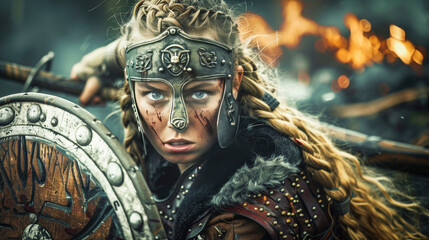 Obraz premium Young viking warrior woman in an epic battle