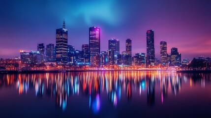 Naklejka premium Stunning night view of a vibrant city skyline reflecting in calm waters, illuminated by colorful lights and a beautiful atmosphere.