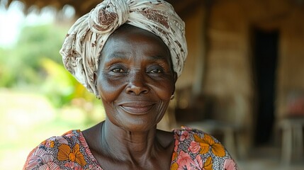 happy 60 year old Zambian woman with a big white headwrap