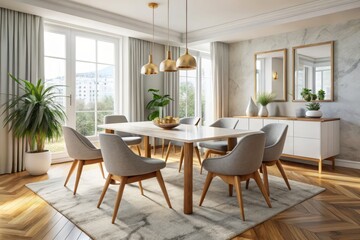 In this vibrant living room, a Modern marble dining table with wooden legs and matching chairs adds a