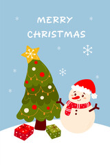 Merry Christmas card with snowman. Simple cute vector