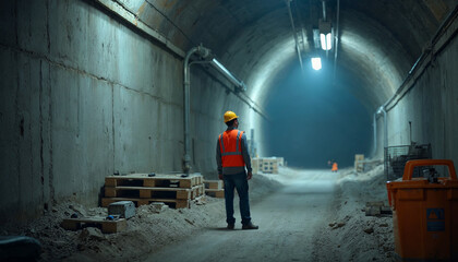 Construction worker in safety gear inspecting a well-lit underground tunnel.







