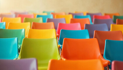 Fototapeta premium Colorful plastic chairs arranged in rows with vibrant hues and neutral background.