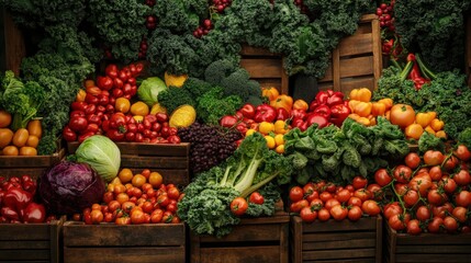 A colorful assortment of fresh vegetables and fruits fills wooden crates at a market, showcasing options that are vegan, gluten-free, and compliant with various dietary protocols