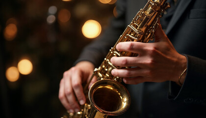 Close-up of hands playing a saxophone with bokeh lights in background.







