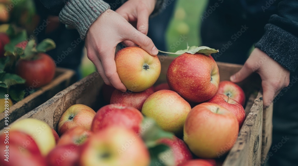 Canvas Prints a person is picking apples from a box