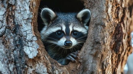Raccoon Peeking From Tree Hole   Wildlife Photography