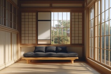 Japanese Minimalist Living Room Interior with Futon Sofa and Sunlight, Tranquil Home Decor