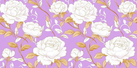Chic white peonies and gold vines, seamless pattern on lilac, modern vector design for fabric.
