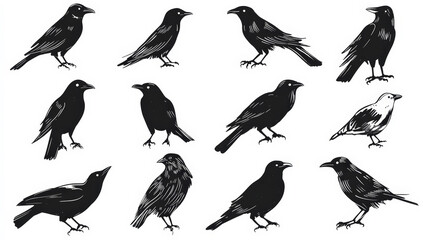 Fototapeta premium Trendy set of black silhouettes of birds on a white background, made with ink, rough brushstrokes. Generative AI