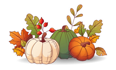 Vector illustration of pumpkins with leaves. Autumn harvest and leaves of oak, maple. Warm fall, thanksgiving day concept.	