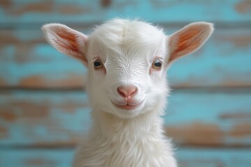 Fototapeta premium adorable white baby goat with fluffy fur and expressive eyes standing on rustic wooden backdrop farm animal portrait with soft natural lighting