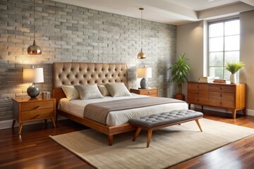 Mid-century modern masterpiece reimagined with a richly upholstered headboard, minimalist tables, and a bold color