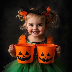 Girl in Halloween costume with pumpkin basket posing in studio, Girl in Halloween costume with pumpkin basket and broom standing in studio, Halloween witches with spooky pumpkin on celebration