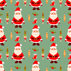 Seamless Christmas pattern on green background, santa,toy, sock.  Background for gift paper or fabric.