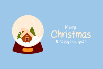 Happy new year and christmas greeting. Postcard, banner snow globe. vector illustration