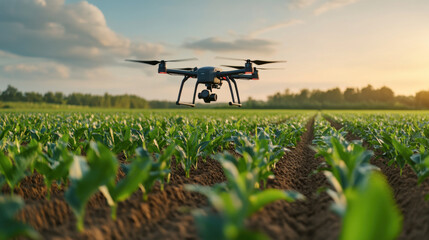 A drone hovers over a young crop field at sunset, showcasing modern farming technology in agriculture.