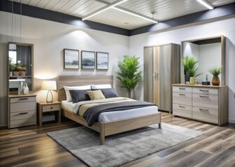 Fototapeta premium Modern bedroom furniture on display in a spacious showroom in Morayfield, inviting customers to explore the latest