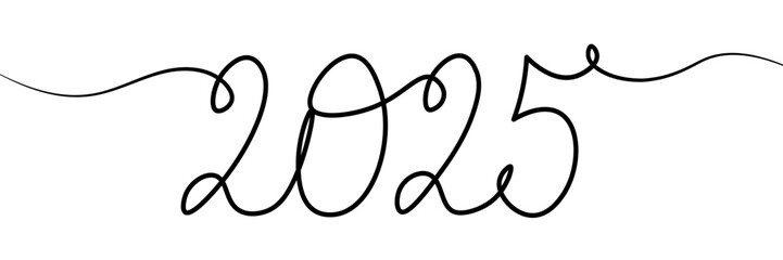 2025 handwritten in elegant cursive with a wavy lines isolated on a transparent background. Represents the concept of the upcoming year, 2025. Line art vector illustration