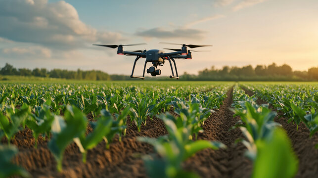 A drone hovers over a young crop field at sunset, showcasing modern farming technology in agriculture.