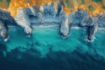 aerial view of dramatic coastline vivid turquoise ocean meeting vibrant orange mountains abstract patterns geological contrasts satellite perspective natural color palette surreal landscape