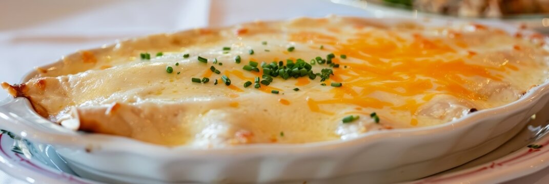 Close Up, Creamy Chicken Enchilada Casserole with Melted Cheese and Garnish, Comfort Food