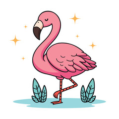 Cute pink flaminggo kawaii cartoon vector illustration in flat style