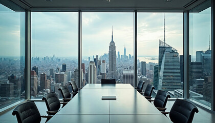 Modern corporate boardroom with glass wall, New York City skyline view, upscale decor.