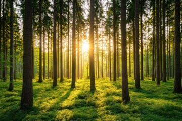 Obraz premium A serene forest scene bathed in golden sunlight, showcasing tall trees and lush green undergrowth, perfect for nature lovers.